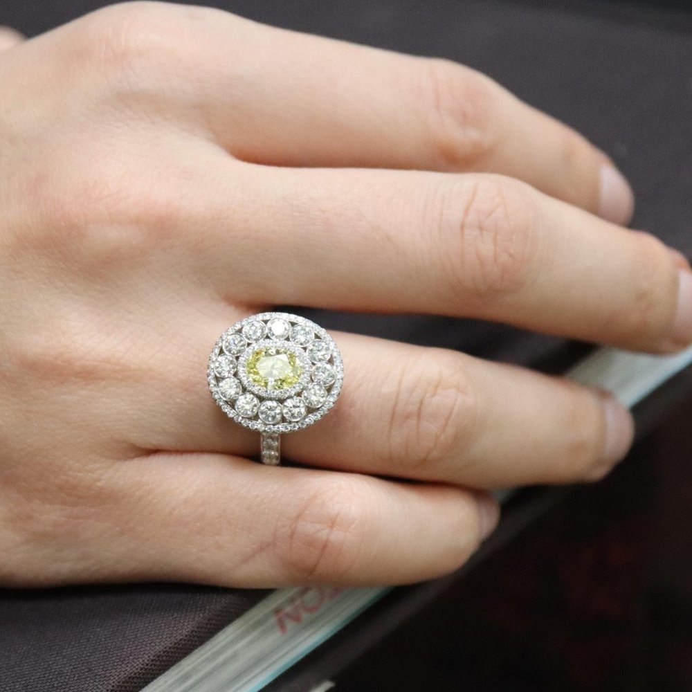 Rachel Koen Fancy Yellow 1.02ct Oval Diamond Engagement Ring Platinum Size 6.5